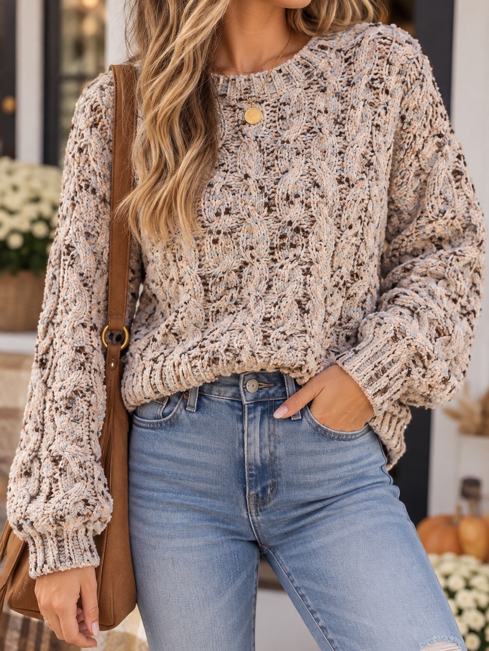 Jessica Simpson Chenille Cable Knit Speckled Sweater Women’s Small Cozy